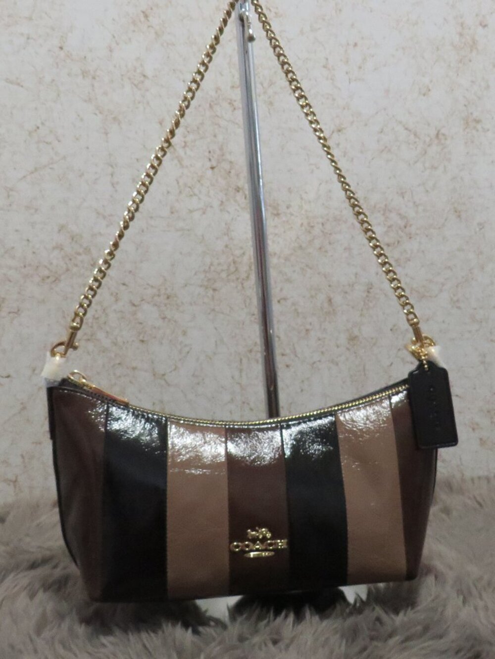 Coach Caitlin Shoulder Bag with Striped Patchwork (Black/Multi)